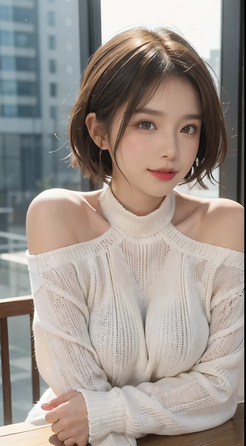 masutepiece, Best Quality,
Ultra-detailed, finely detail, hight resolution, in 8K,
((Photorealsitic:1.4, Raw photography, 超A high resolution,Top image quality: 1.4)),
Wallpaper,
((Perfect whole body configuration1.5)),
((Beautiful detailed eyes, Natural Color Lip、Clean face、Gaze staring at the camera、Lashes、big eye、Distinct double eyelids、Tear mole、glowy skin、Clean skin quality、lipgloss)),
((a serene smile:1.5)),
((Random and cute hairstyles)),
((Turtleneck knitwear:1.5)),
(Underwear marks can be seen through:1.5)),((large breasts size、cleavage of the breast:1.2)),
((((Random and cute micro mini skirt:1.5)))),
((Open your legs wide、sitting with knees arised:1.5)),
((breastsout、under look eyes、Mole on the arm:1.6)),
((look up to)),
((Random blurry background)),
((Random and cute facial expressions:1.5)),,
((((Woman with Folded Hands:1.5))))
very detailed and professional lighting、
((thigh visible:1.5))