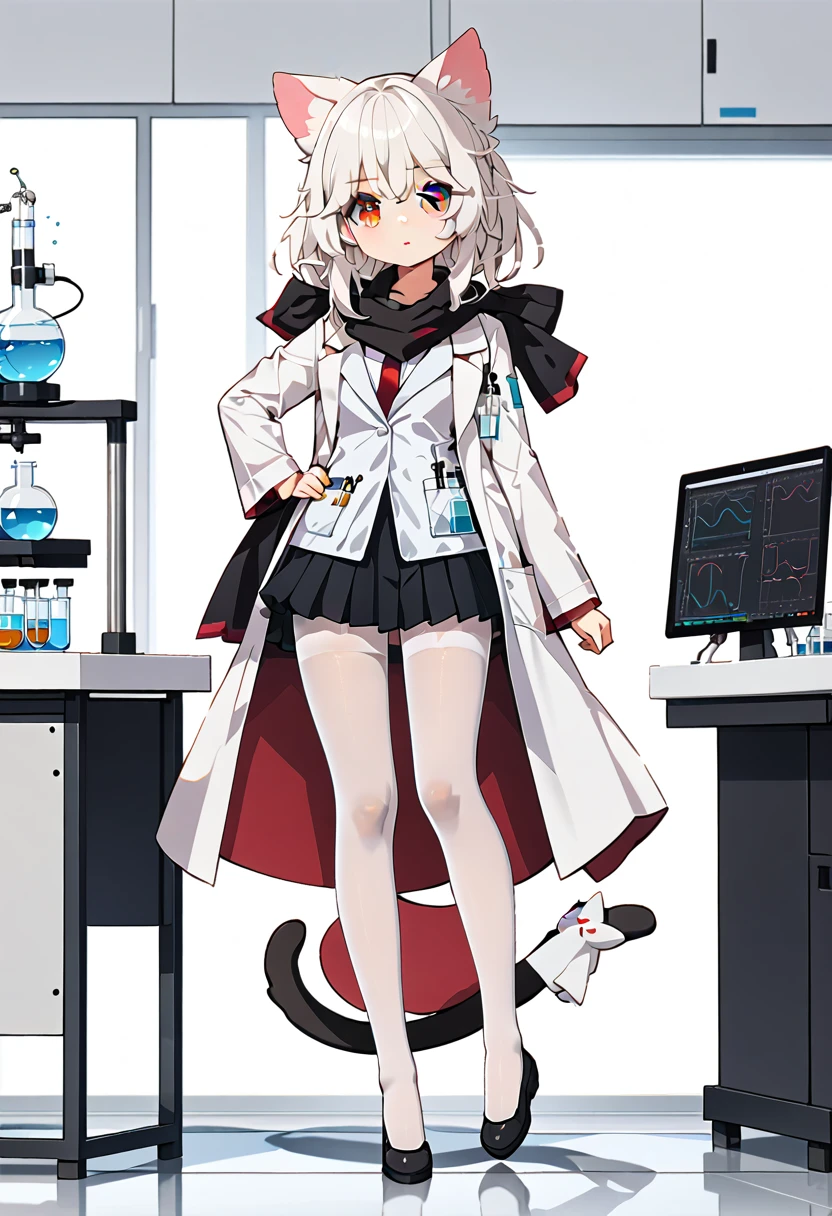 masterpiece, highest quality, highest resolution, clear_image, detailed details, White hair, long hair, cat ears, 1 girl, red eyes, white lab coat (with a black short skirt), white pantyhose, white scarf (around the neck), cute, full body, no water marks, laboratory, no extra limps, no extra body