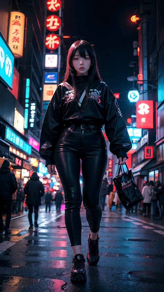 A gigantic unknown monster suddenly appearing in the city center.""A young Japanese woman walking through neon-lit streets in futuristic attire, with the monster's shadow looming behind her."