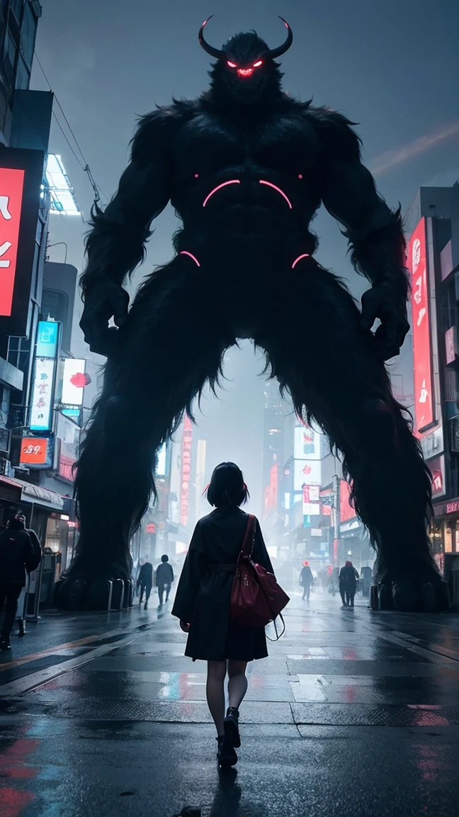 (Attack on Titan) An enormous titan woman (cute maniac face extra huge mouth, dark hair, small pot belly, big butt, painted toe nails) merrily stomps down the streets of Tokyo, she has her mouth open and drooling. The woman (cute, miniskirt, airy blouse, high heels) she wants to eat has fallen and twisted her ankle and is now sobbing on the street. Came is low at the victim looking up at the hungry Titan