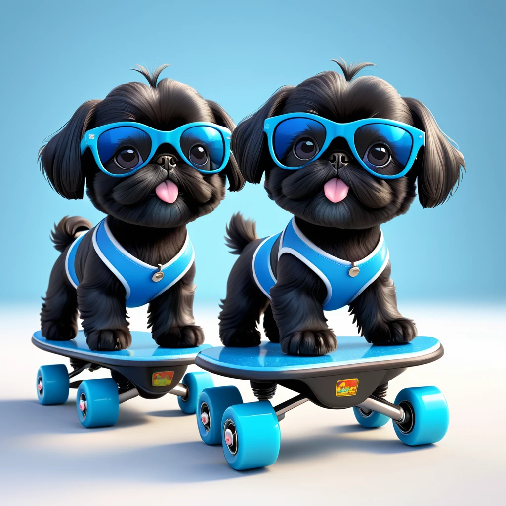 2 Adorable small black Shih Tzu puppies wearing blue sunglasses roller skating 3d cartoon 3d render disney pixar style