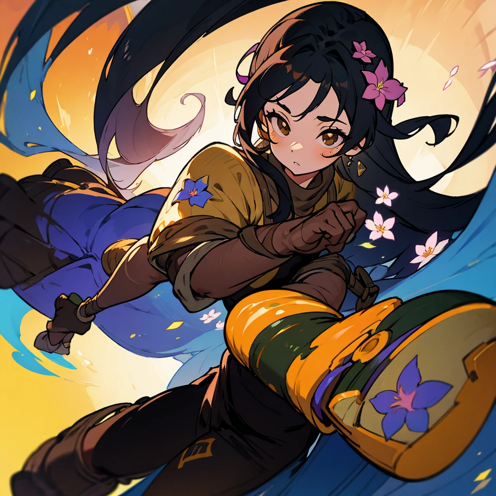 a woman with long black hair, brown eyes, wearing a sock adorned with painted flowers covering her entire leg, wooden slippers, gloves with painted flowers extending to her forearms, a pompom on her shoulder, a low-cut sweater shaped like a flower, and a swimsuit, highly detailed, 8K, photorealistic, masterpiece, hyper-realistic portrait, chiaroscuro lighting, vibrant colors, fantasy, surreal, whimsical, dreamlike