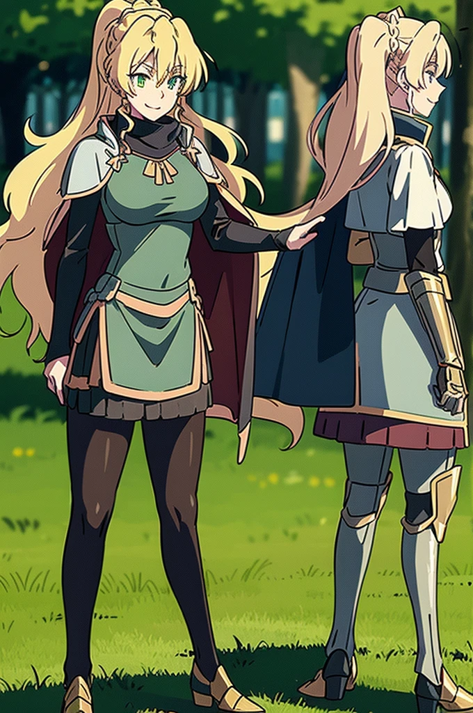 skirt vest, pantyhose, ponytail, long hair, blond hair, knight, medium breast,alicetaria february, green eyes,,smile, staff holding, cape, scarf, thick eyelashes,, castle background,fantasy,,standing, refsheet, solo focus