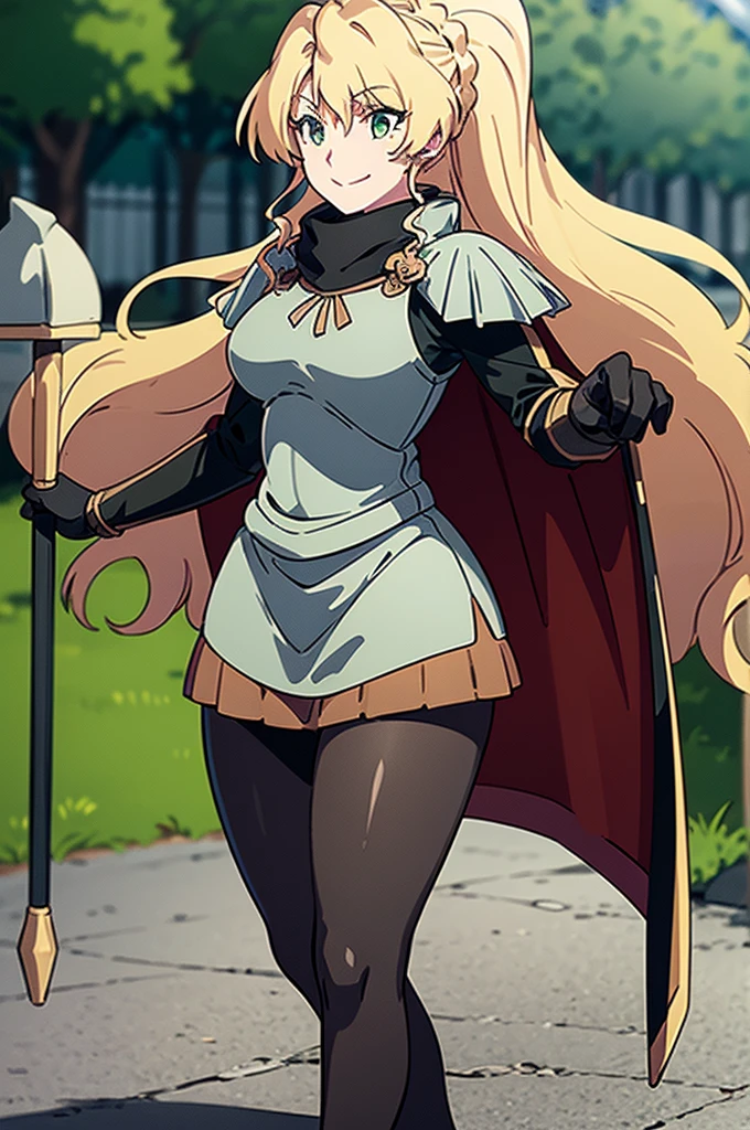 skirt vest, pantyhose, ponytail, long hair, blond hair, knight, medium breast,alicetaria february, green eyes,,smile, staff holding, cape, scarf, thick eyelashes,, castle background,fantasy,,standing, refsheet, solo focus