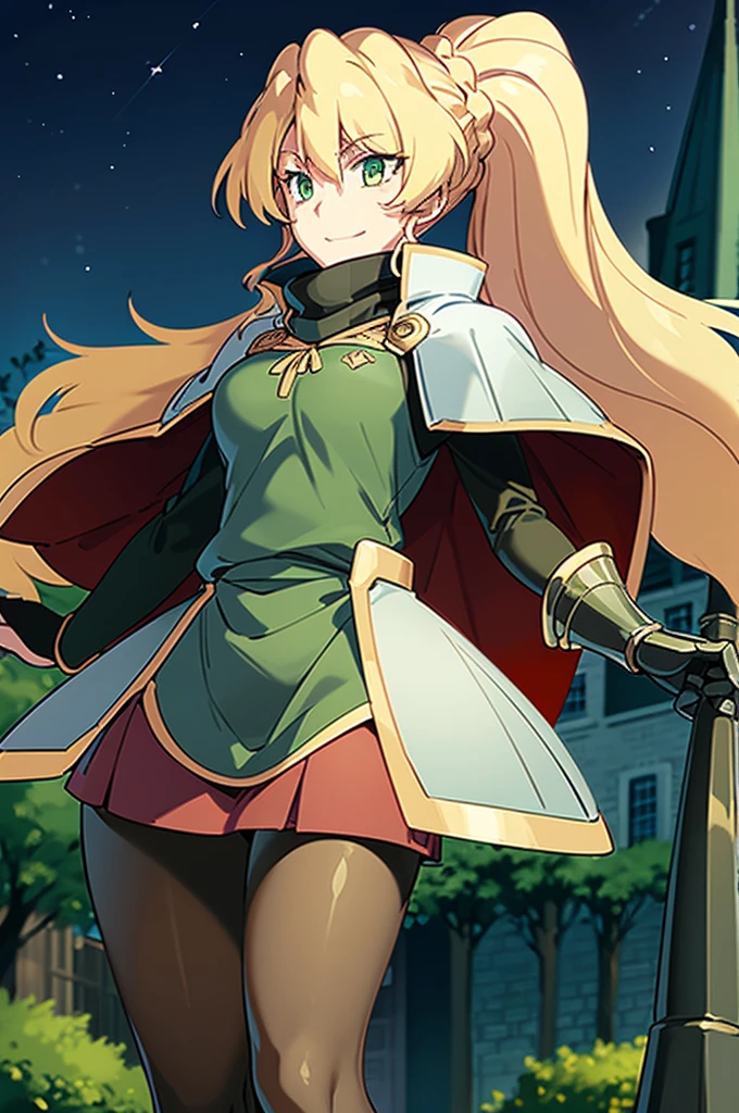 skirt vest, pantyhose, ponytail, long hair, blond hair, knight, medium breast,alicetaria february, green eyes,,smile, staff holding, cape, scarf, thick eyelashes,, castle background,fantasy,,standing, refsheet, solo focus