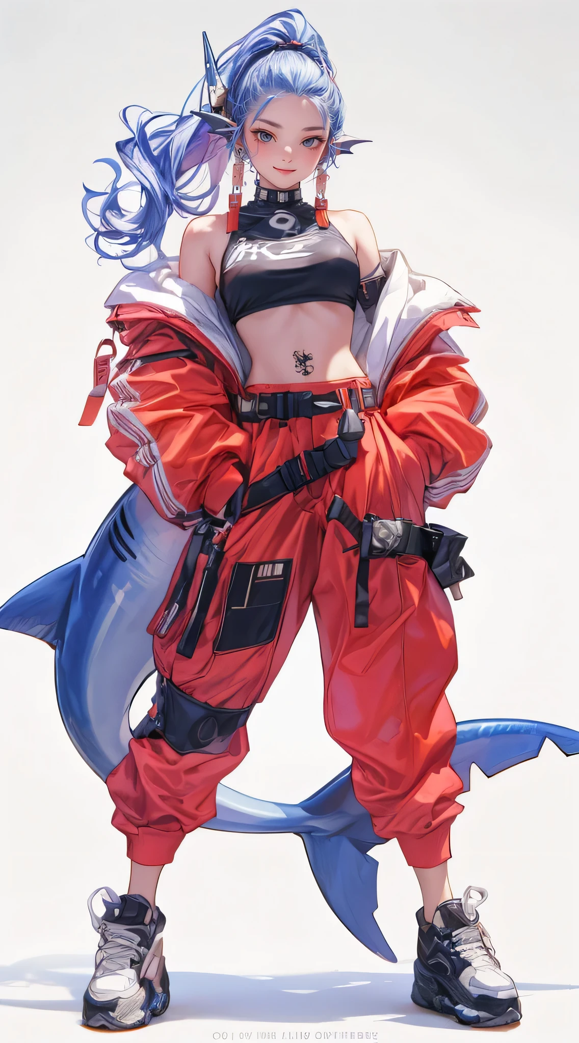 a beautiful humanoid female shark hybrid, hip-hop attire, stylish, walking down the streets, elaborate details, anime realism, photorealistic
