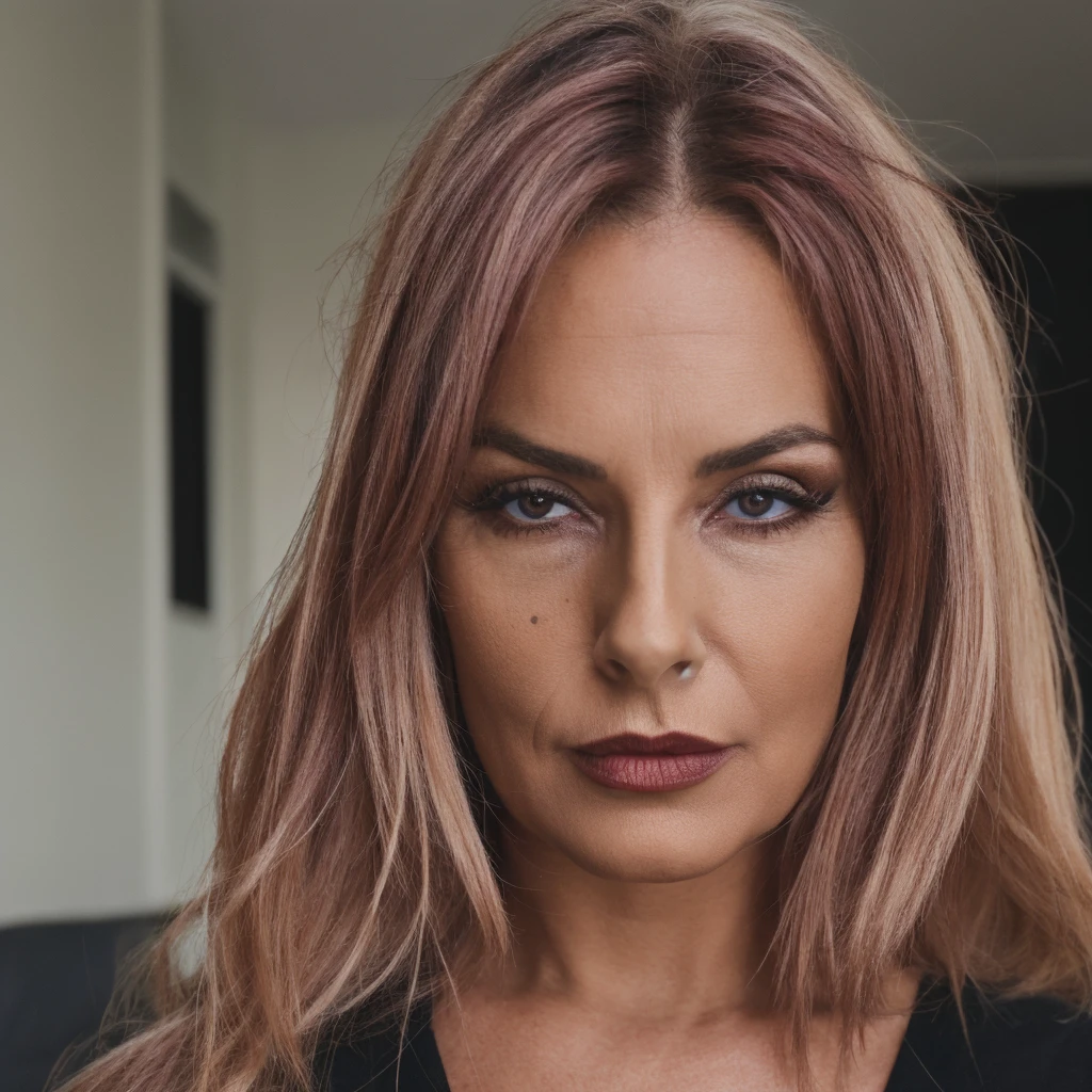 60 year old woman, with long dyed blonde hair, with dark brown spots near the roots , with dark red lipstick and a black line around her eyes as eyeliner