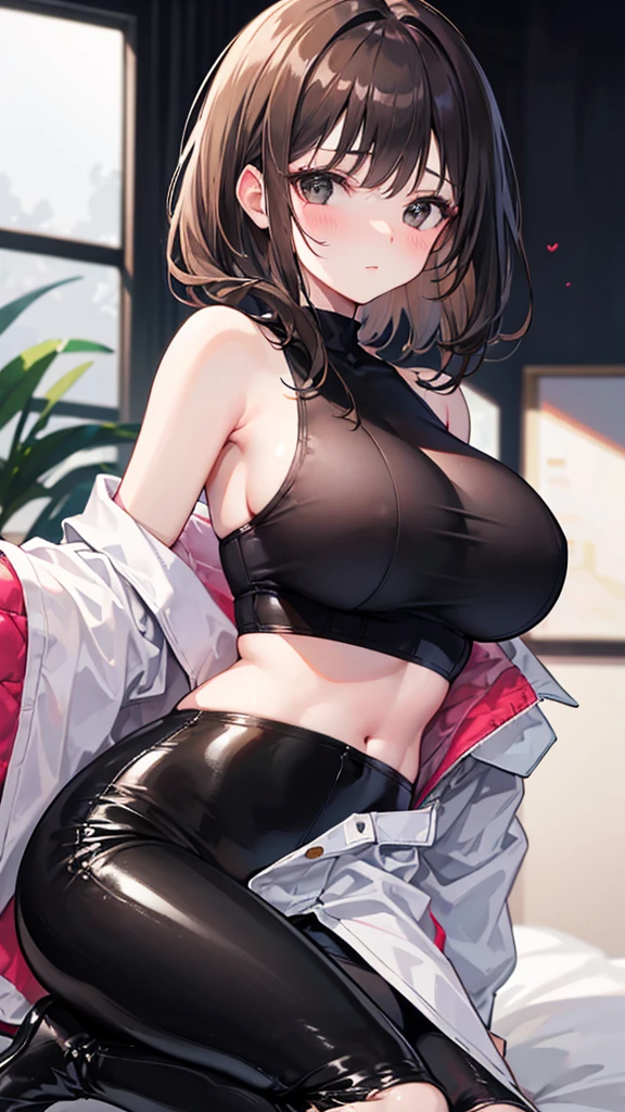 A 29-year-old girl who works as a porn actress, Clothes: a tight cropped black top, short latex pants, long brown hair, black eyes, high quality, blur, beautiful, Women, blush on the cheeks, white vest falling off his shoulders, big tits.