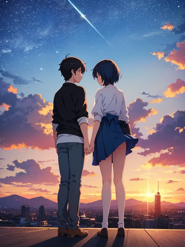 Two teenagers standing apart under a vibrant twilight sky, with a comet streaking across the background. The boy is in a Tokyo and the girl in a rural Japanese . The scene is filled with detailed and colorful clouds, capturing a sense of magic and connection. Cosmic Skies, by makoto shinkai, makoto shinkai cyril rolando, beautiful anime scene, anime sky, anime art wallpaper 4 k, anime art wallpaper 4k, anime art wallpaper 8 k, anime beautiful peace scene, in style of makoto shinkai, 4k anime wallpaper.