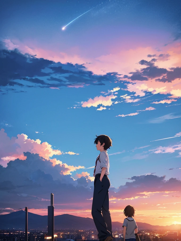 Two agers standing apart under a vibrant twilight sky, with a comet streaking across the background. The boy is in a Tokyo and the girl in a rural Japanese . The scene is filled with detailed and colorful clouds, capturing a sense of magic and connection. Cosmic Skies, by makoto shinkai, makoto shinkai cyril rolando, beautiful anime scene, anime sky, anime art wallpaper 4 k, anime art wallpaper 4k, anime art wallpaper 8 k, anime beautiful peace scene, in style of makoto shinkai, 4k anime wallpaper.