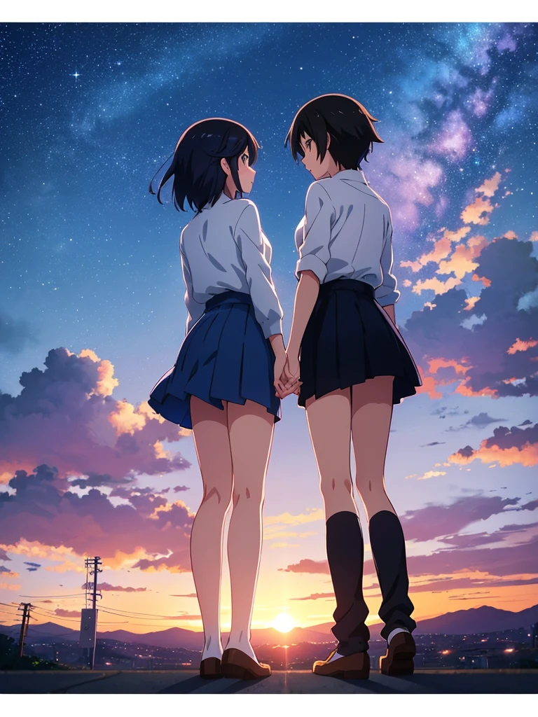 Two teenagers standing apart under a vibrant twilight sky, with a comet streaking across the background. The boy is in a Tokyo  and the girl in a rural Japanese . The scene is filled with detailed and colorful clouds, capturing a sense of magic and connection. Cosmic Skies, by makoto shinkai, makoto shinkai cyril rolando, beautiful anime scene, anime sky, anime art wallpaper 4 k, anime art wallpaper 4k, anime art wallpaper 8 k, anime beautiful peace scene, in style of makoto shinkai, 4k anime wallpaper.
