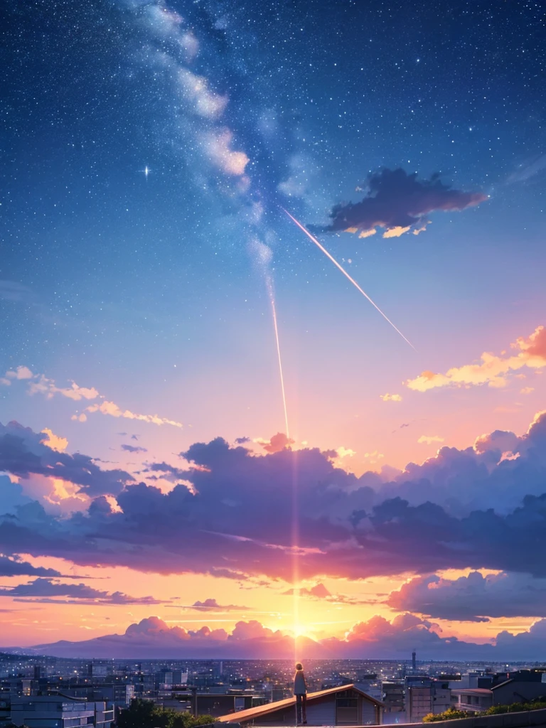 Two teenagers standing apart under a vibrant twilight sky, with a comet streaking across the background. The boy is in a Tokyo and the girl in a rural Japanese . The scene is filled with detailed and colorful clouds, capturing a sense of magic and connection. Cosmic Skies, by makoto shinkai, makoto shinkai cyril rolando, beautiful anime scene, anime sky, anime art wallpaper 4 k, anime art wallpaper 4k, anime art wallpaper 8 k, anime beautiful peace scene, in style of makoto shinkai, 4k anime wallpaper.