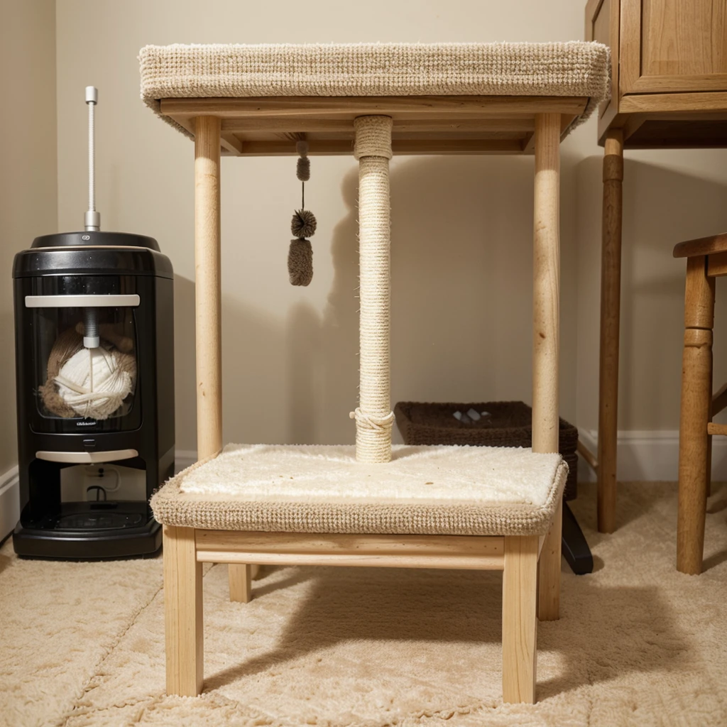 A scratching post and implement with a cat food dispenser, with a square and wide platform and above the scratching post is the cat bed(simple but pretty) and hanging a ball of wool from the cat's bed.