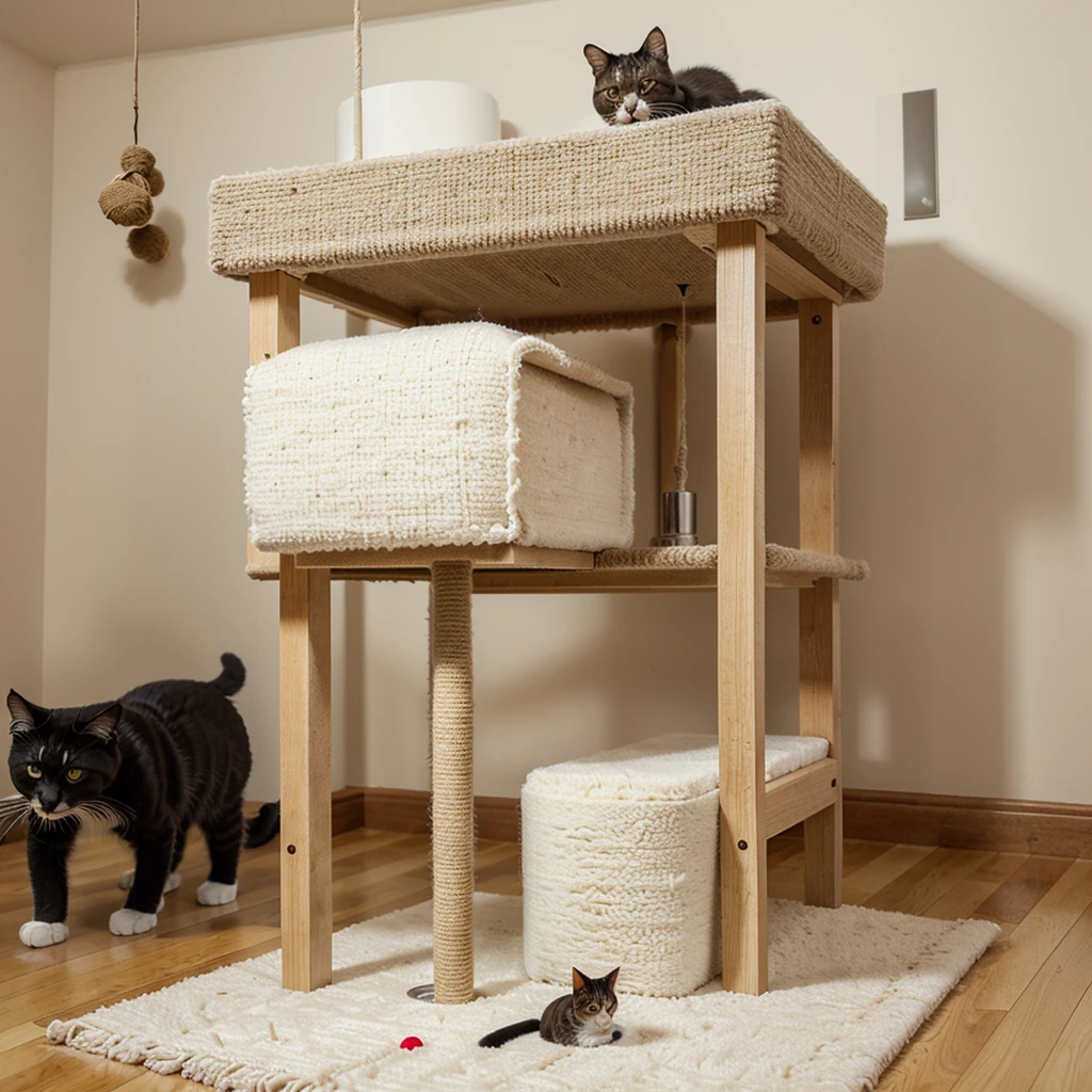 A scratching post and implement with a cat food dispenser, with a square and wide platform and above the scratching post is the cat bed(simple but pretty) and hanging a ball of wool from the cat's bed.