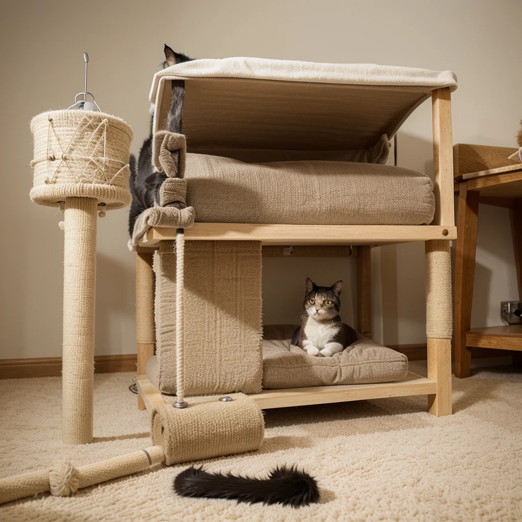 A scratching post and implement with a cat food dispenser, with a square and wide platform and above the scratching post is the cat bed(simple but pretty) and hanging a ball of wool from the cat's bed.