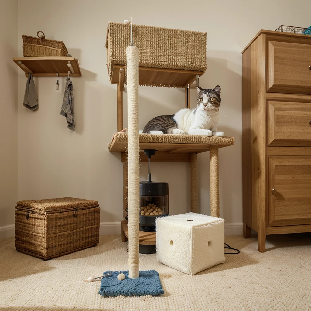 A scratching post and implement with a cat food dispenser, with a square and wide platform and above the scratching post is the cat bed(simple but pretty) and hanging a ball of wool from the cat&#39;s bed.