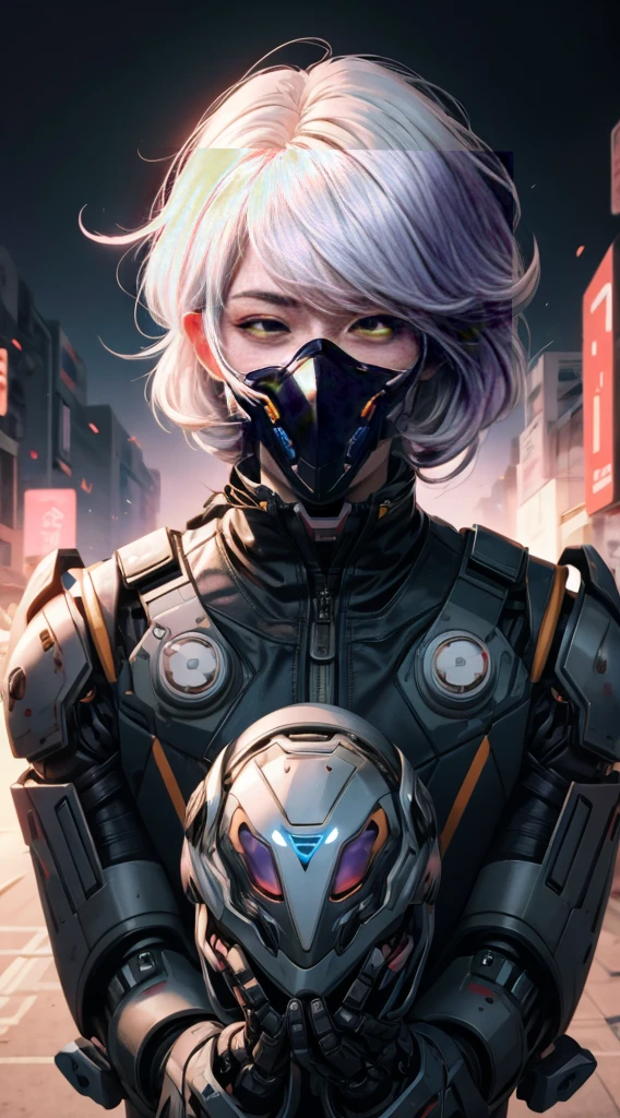 Anime girl, white hair, bangs, eye mask covering eyes and nose, robotic arms, holding eyemask aloft, style fusion of Atey Ghailan and Katsuhiro Otomo, with a blend of soft, pastel colors and dynamic sci-fi elements, digital painting, ultra fine, cinematic