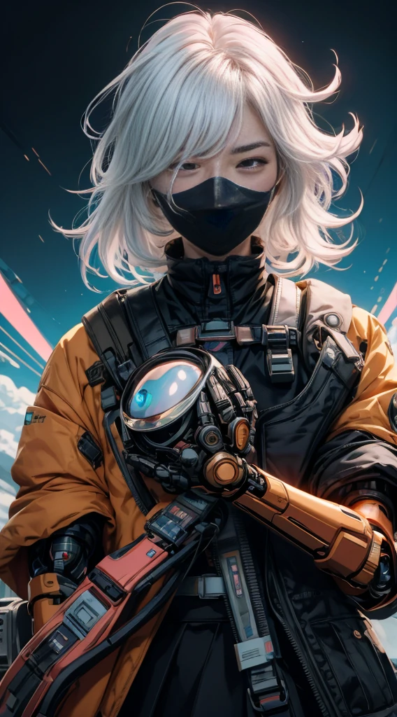 Anime girl, white hair, bangs, eye mask covering eyes and nose, robotic arms, holding eyemask aloft, style fusion of Atey Ghailan and Katsuhiro Otomo, with a blend of soft, pastel colors and dynamic sci-fi elements, digital painting, ultra fine, cinematic