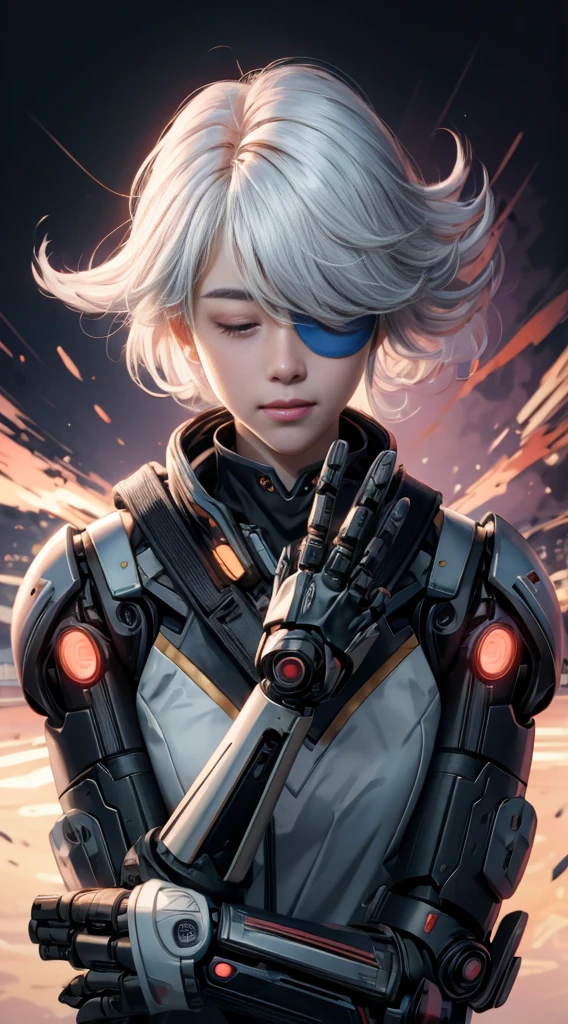 Anime girl, white hair, bangs, eye mask covering eyes and nose, robotic arms, holding eyemask aloft, style fusion of Atey Ghailan and Katsuhiro Otomo, with a blend of soft, pastel colors and dynamic sci-fi elements, digital painting, ultra fine, cinematic