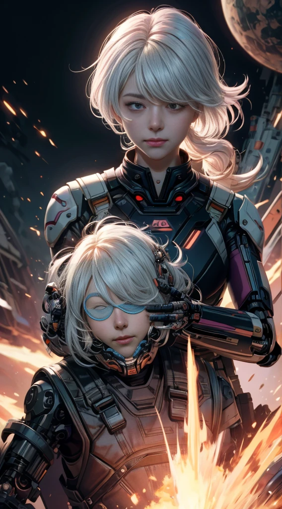 Anime girl, white hair, bangs, eye mask covering eyes and nose, robotic arms, holding eyemask aloft, style fusion of Atey Ghailan and Katsuhiro Otomo, with a blend of soft, pastel colors and dynamic sci-fi elements, digital painting, ultra fine, cinematic