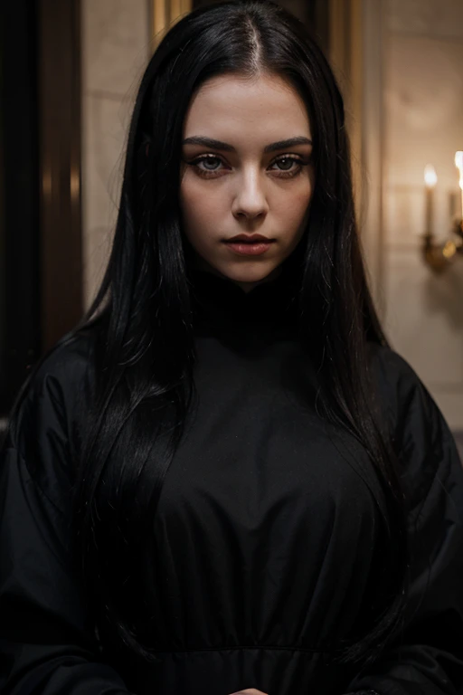Masterpiece, Best Quality, A very beautiful and mysterious woman with long straight black hair, big blue eyes and pale complexion, gothic, from Madrid, 22 years, very elegant