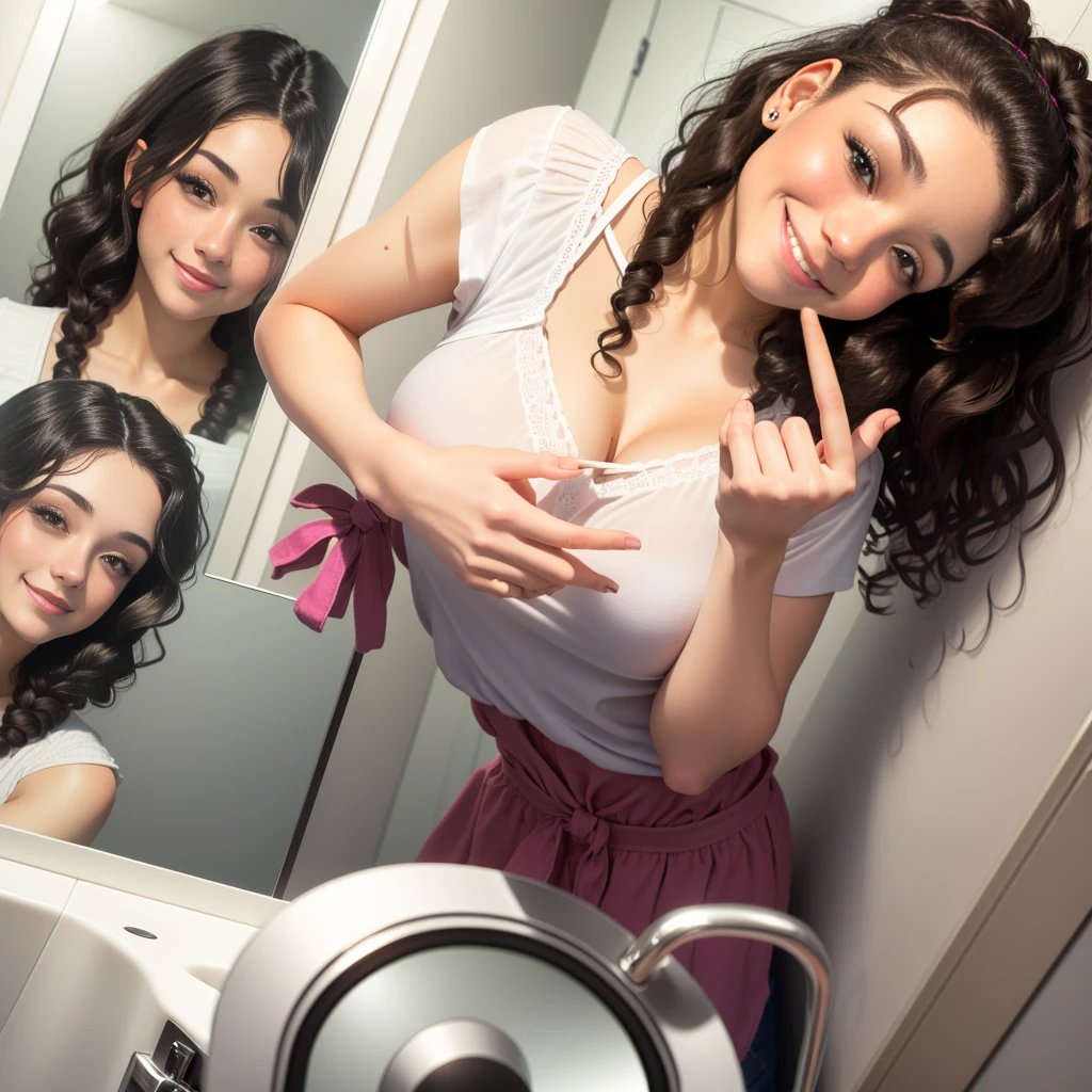 Chubby filipina hair tied up in a bun mouth is open doing a bathroom selfie