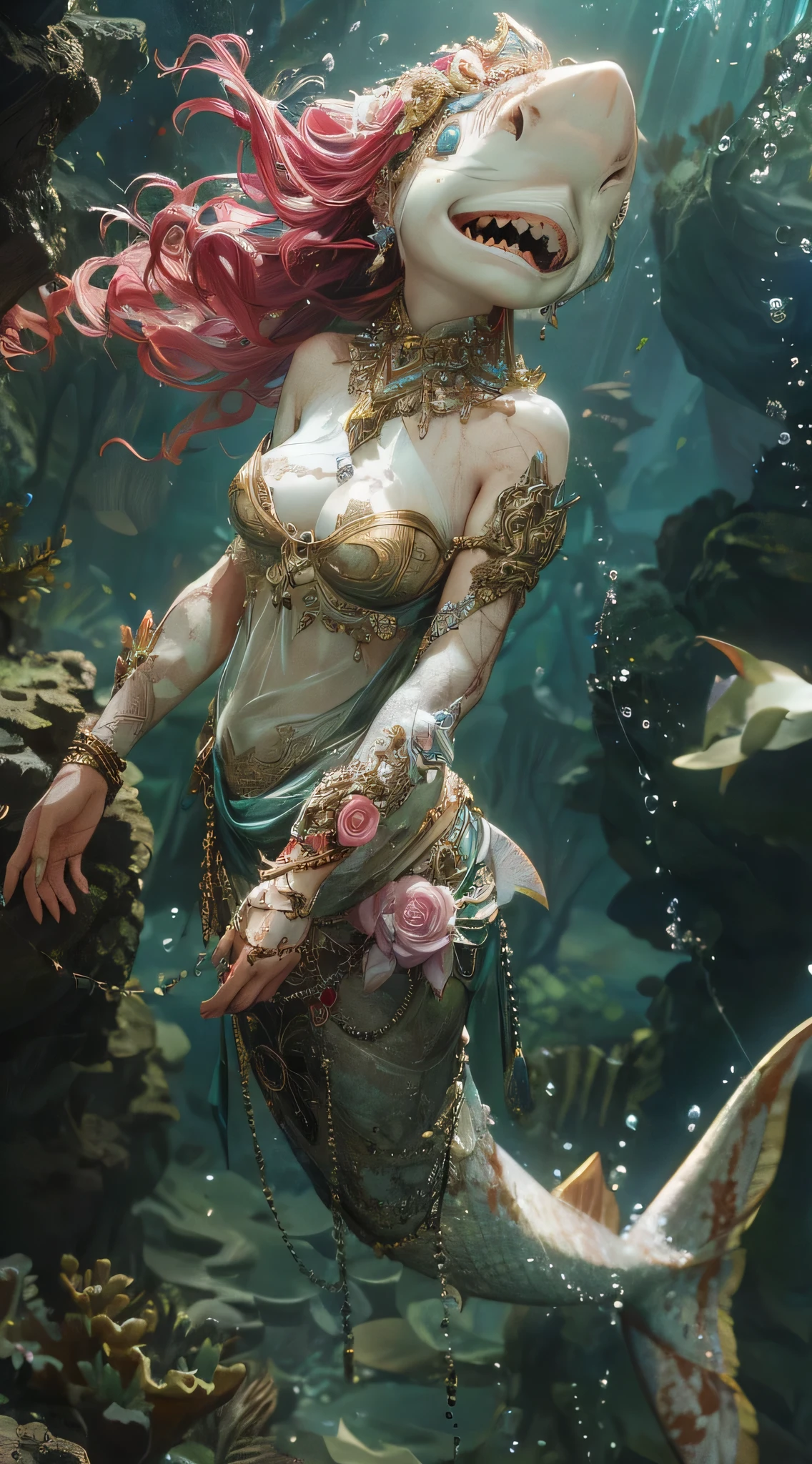 a beautiful humanoid female shark hybrid, hip-hop attire, stylish, walking down the streets, elaborate details, anime realism, photorealistic