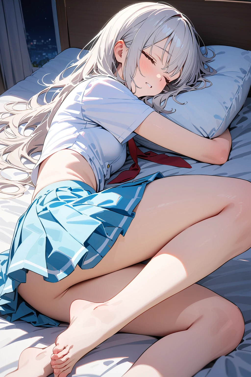 (masterpiece, best quality:1.5), (ultra detailed, high resolution, 8k, beautiful detailed, UHD, best anatomy), white hair, small breasts, 1 junior high school girl, barefoot, bed room, night, flared skirt, short-sleeve shirt, Red thin tie, closed eyes, put one's head on a pillow, Lying on the bed, side angle