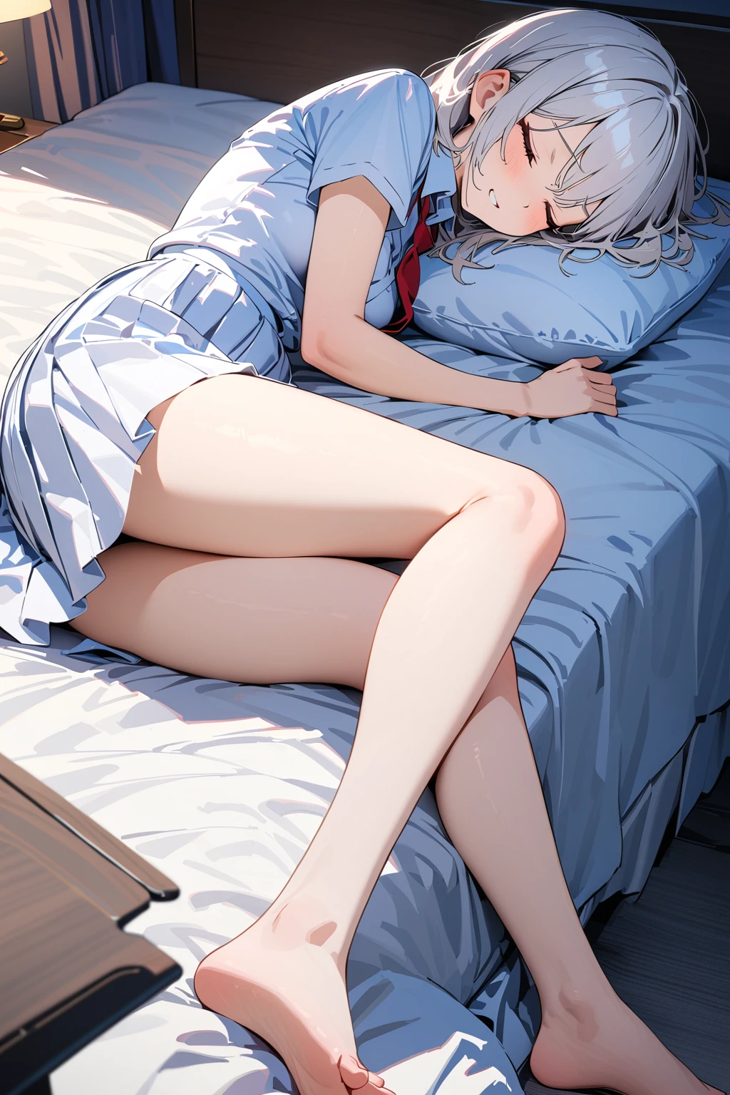 (masterpiece, best quality:1.5), (ultra detailed, high resolution, 8k, beautiful detailed, UHD, best anatomy), white hair, small breasts, 1 junior high school girl, barefoot, bed room, night, flared skirt, short-sleeve shirt, Red thin tie, closed eyes, put one's head on a pillow, Lying on the bed, side angle