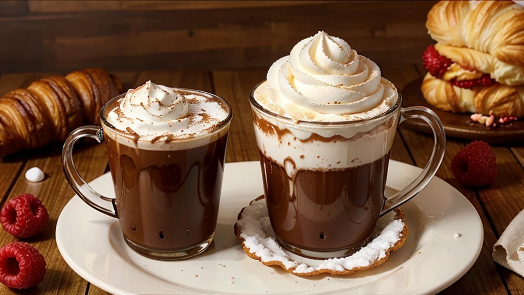 hot chocolate with whipped cream in a tall glass cup, a croissant, and raspberries