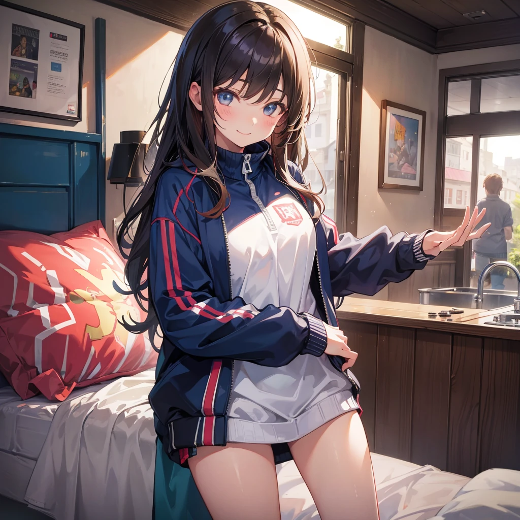 Best Quality,8K,middle School girls, boy is grabbing girl’s breasts from behind」valley,Naughty Girls,Absurd,perfection,smile,Horny girl,Cutting board,masterpiece,Track jacket,Bed in the room,Adult