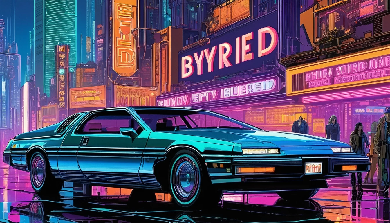 Picture the Bundy family, from the TV show "Married with Children". navigating a gritty cyberpunk cityscape filled with neon lights, holograms, and towering skyscrapers. Draw inspiration from the works of Syd Mead or Daniel Liang.