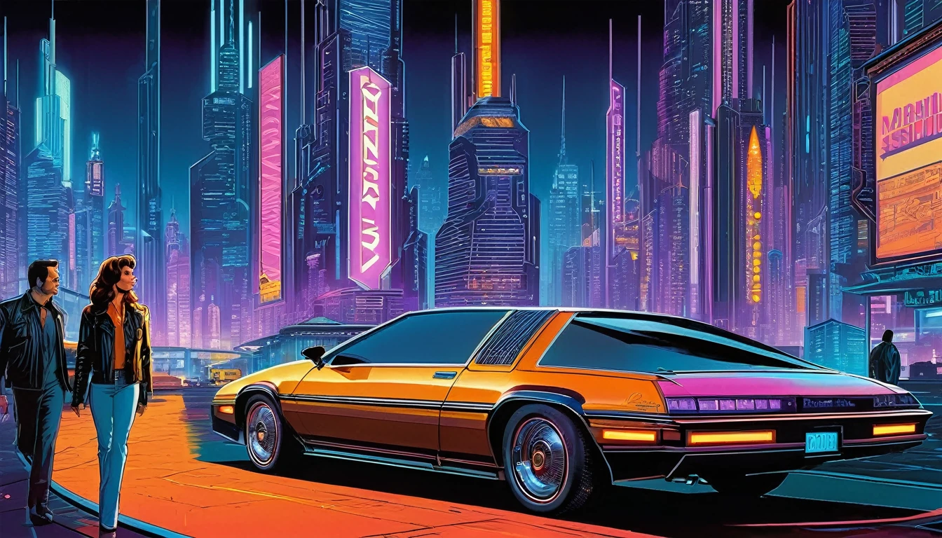 Picture the Bundy family, from the TV show "Married with Children". navigating a gritty cyberpunk cityscape filled with neon lights, holograms, and towering skyscrapers. Draw inspiration from the works of Syd Mead or Daniel Liang.