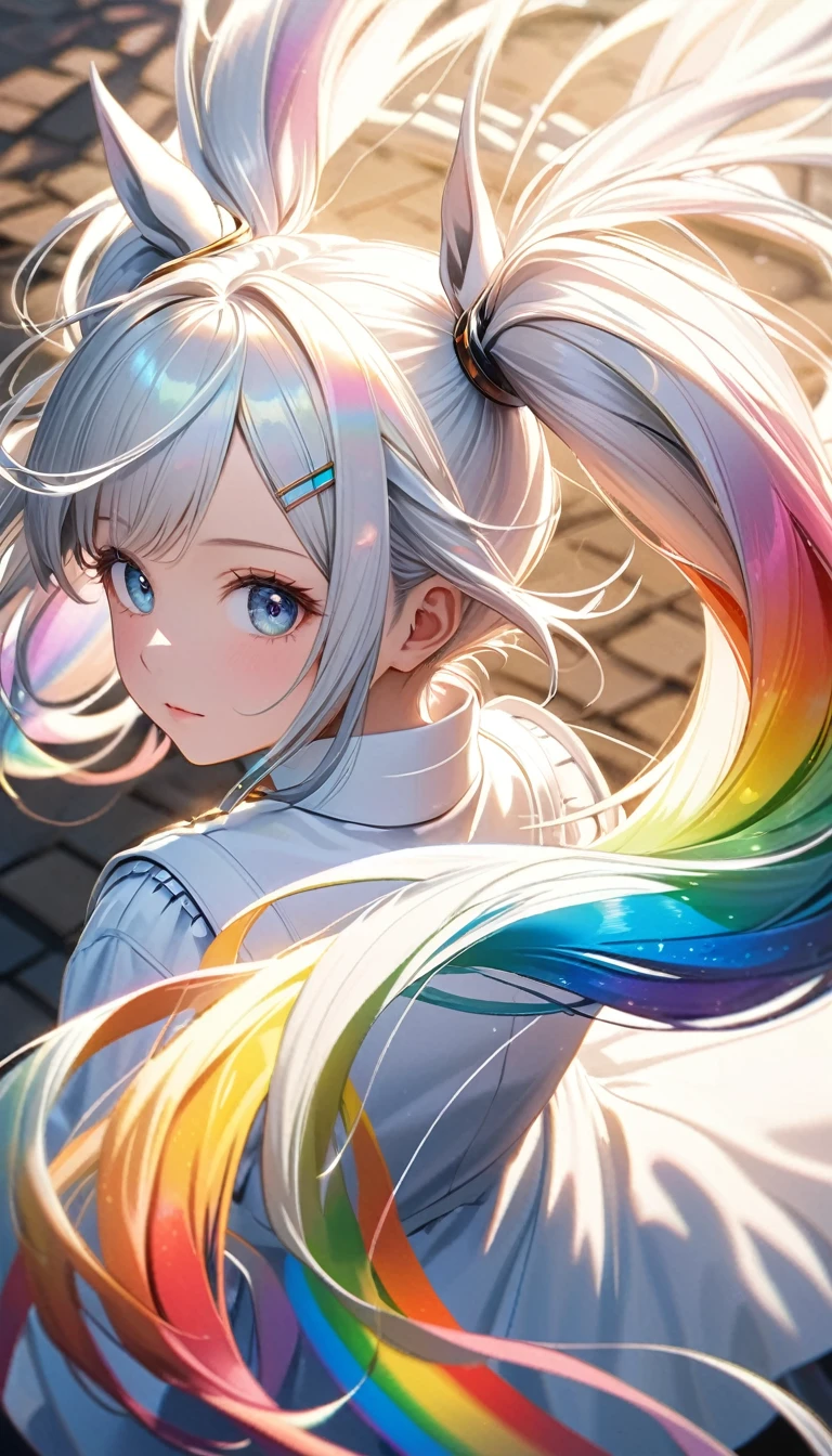 Rear view of a beautiful white horse, Braid your mane into twin ponytails, Perfect Weave、Symmetrical double tail, BREAK Detailed and realistic bristle texture, Sparkling transparent rainbow colors, The scene where the twin ponytails can show their charm the most, Dynamic lens, (Shooting from above:1.3)