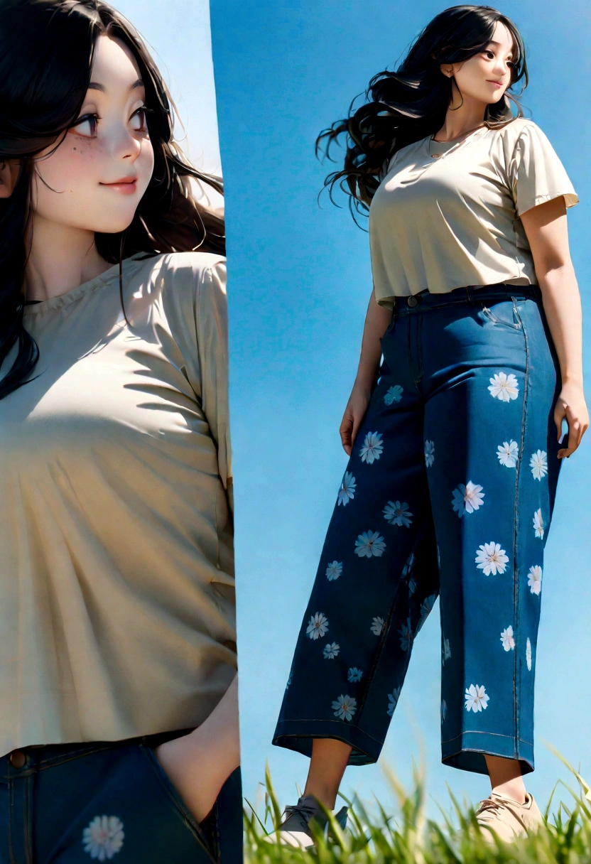 Ultra-high skin detail, Perfect facial details, Black hair, Big hair, clover hair ornament, Moles under eyes, Light smile, (Blue sky:1.3), A girl in a floral shirt and jeans dances on high grass, The grass sways in the wind, Smile, Flowing hair, sun shinning on hair, Solo, with a tree in the background,The canopy is large,(Long legs:1.2), Printed trousers, plump, head out of frame, projected inset, f/1.8, 135mm, Fuji Film, hyper HD, Anatomically correct, Textured skin, High details, Award-Awarded