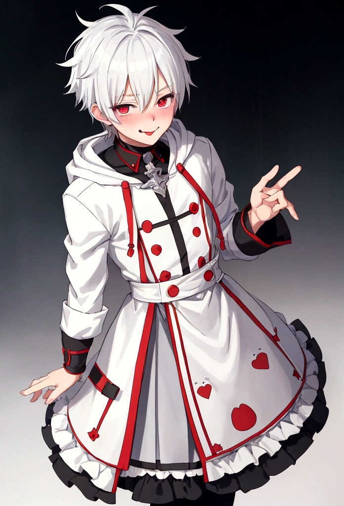 ((A boy))，adorable captivating, white hair , red eyes , white albine skin , boy , in hood He is smiling , showing the tongue ,The blush gradually rises，Shy, But handsome。, boy , 1boy ,The picture style is fresh and simple，Rendered like a comic，The lens is shown as a vista，8k , （Anime style+Soft cute），Anatomically correct，Accurate