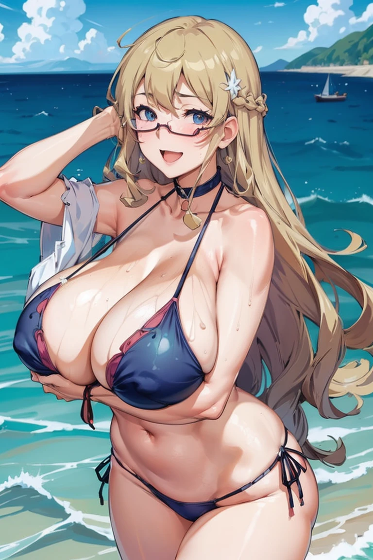 (high-level image quality、masutepiece、hight resolution、4K,8K,Official art:1.1),((Anime cel drawing style)),(breasts out,nipples:1),kisaragi ayane,(eye glass、Long hair、blondehair:1.2),Smile,blush,(bikini:1.2),(sea:1.3),(water,wet),((massive breasts,gigantic breasts:1.5)),open mouth,(cowboy shot,leaning forward:1.1)