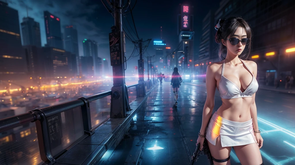 8k, Realistic Skin Texture, Realistic Photo, Neo Tokyo, slim women, large-breast:1.3 cleavage:1.2, AD2050 at night, Dirty hunting jacket, Wearing tube top, miniskirt, (((black sunglasses, automatic rifle, sneakers, cold, shooting pose, very low angle view))), Innovative composition, revenge, cyberpunk, blade runner worldview, Large neon sign, Geisha hologram sign, Strong Wakamoto Sign.