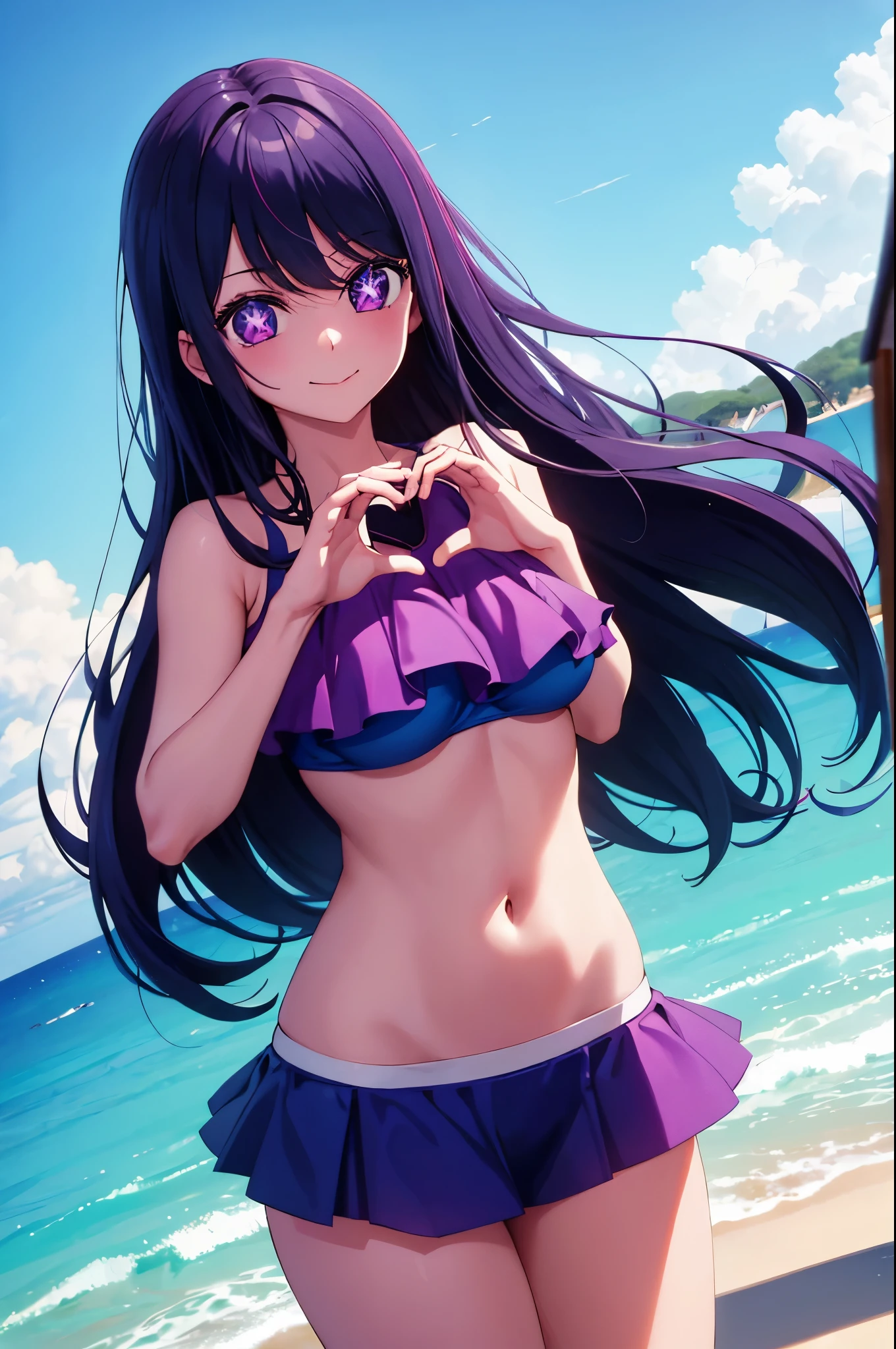 (masterpiece:1.3), (best quality:1.1), (8k, ultra detailed, ultra high res:1.2), (anime style:1.2), (perfect 5 fingers:1.1), perfect anatomy,
1girl,
Ai Hoshino,
BREAK long hair,
black hair,
purple eyes, star-shaped pupils,
BREAK smile, fair skin, bandeau bikini, blue bikini,
BREAK looking at viewer, standing, heart hands,
cowboy shot, natural light, outdoor, outside, sea, beach, sky, summer,