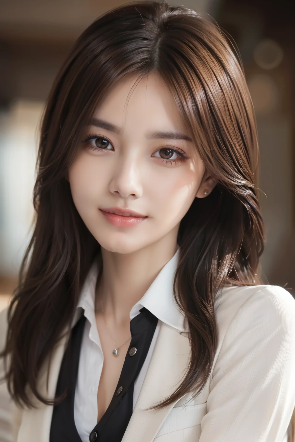 table top, highest quality, realistic, super detailed, finely, High resolution, 8k wallpaper, 1 beautiful woman,, light brown messy hair, wearing a business suit, sharp focus, perfect dynamic composition, beautiful and fine eyes, fine hair, Detailed realistic skin texture, smile, close-up portrait, model body shape
