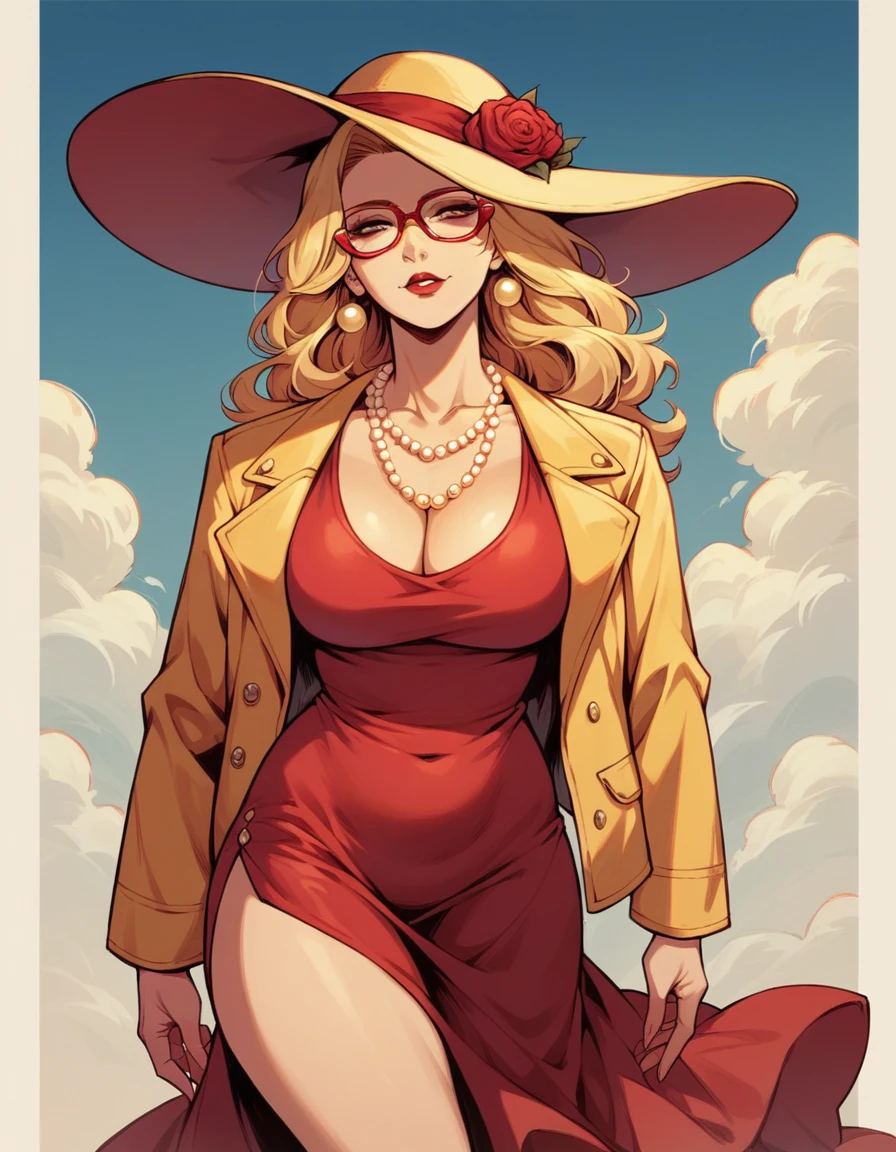 blonde hair woman, milf, several golden pearl necklaces, long necklaces, red glasses, roses tattoos covering the entire body, thin chin, red dress, red big hat, yellow  jacket, friendly