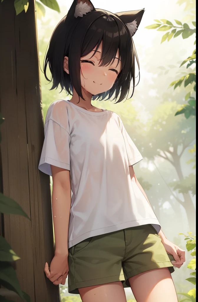 forest,smile,Are standing,close your eyes,1. small ,short hair,Black Hair,blush,White T-shirt,Olive green shorts,Brown Sandals,White skin,summer,From below,shy,Sweat,Please open your mouth wide,Wet,Cat ears,Cat&#39;s Tail,PAW Pose,