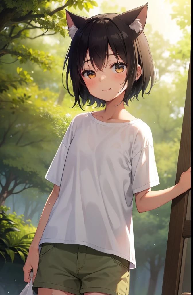 Smiling in the temple,Are standing,Put your hands behind your back,close your eyes,1 tiny ,short hair,Black Hair,blush,White T-shirt,Olive green shorts,Brown Sandals,White skin,summer,From below,shy,Sweat,Open your mouth,sun,Wet,Sweatだく