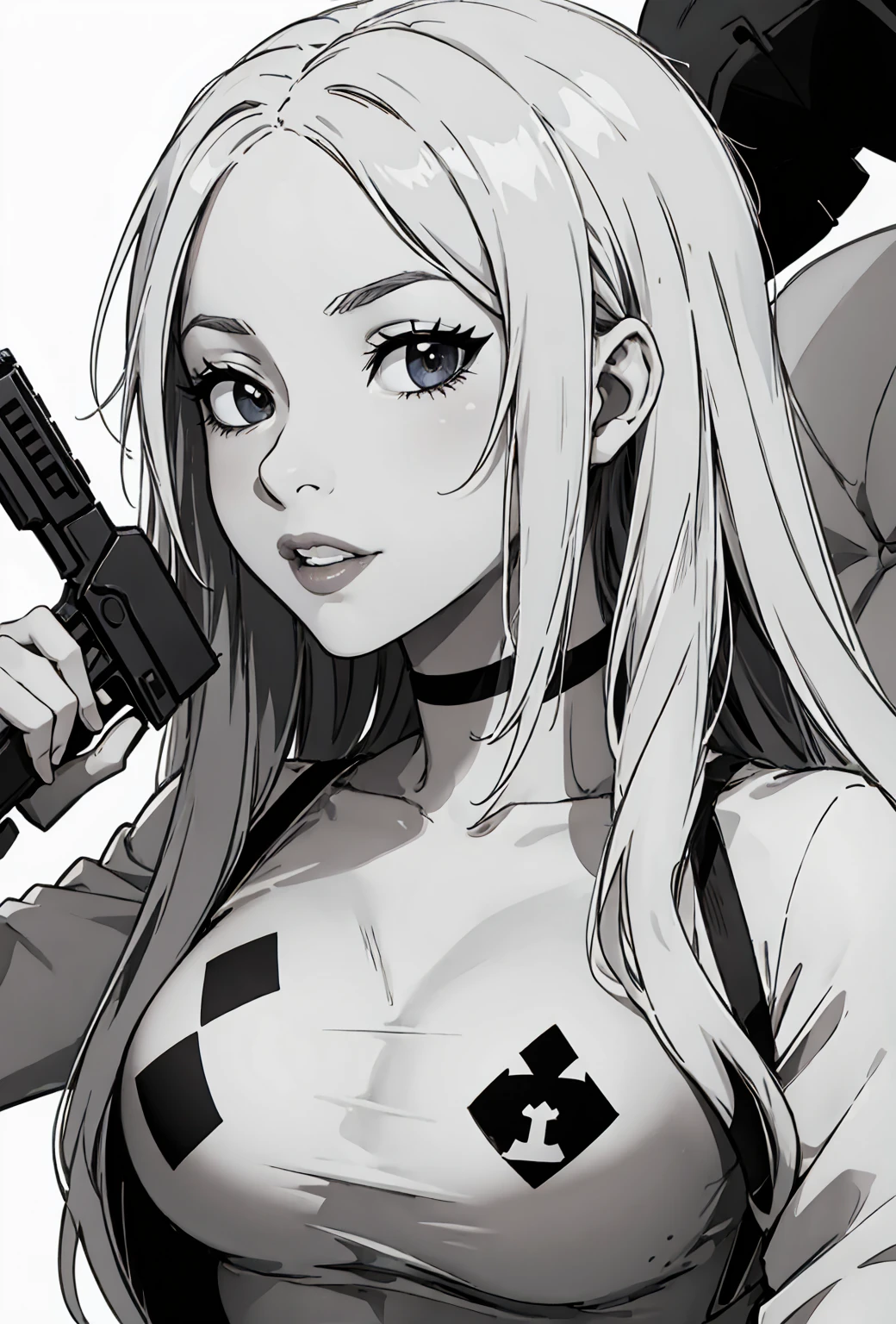 sexy pinup wearing a punisher shirt, coloring page, black and white, white background, entire body in shot, holding highly detailed gun
BREAK
outdoors, twilight, raytracing BREAK
d4rk4rt art style, monochrome, greyscale