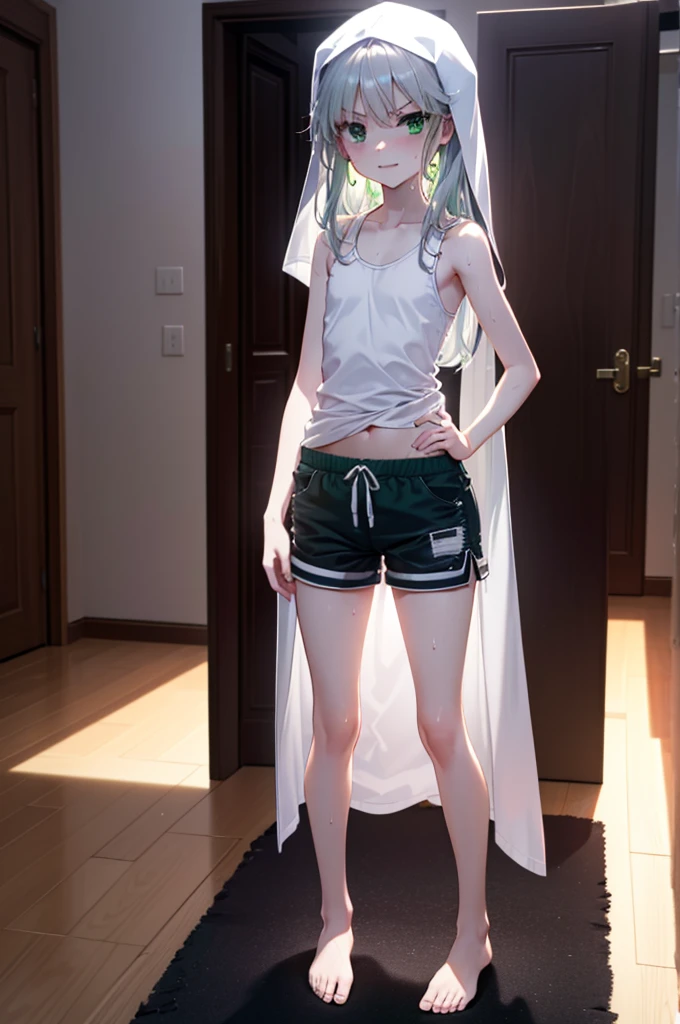 index, index, (Green Eyes:1.5), Silver Hair, Long Hair, (Flat Chest:1.2),smile,Angry,Sweat,Transparent white,Tank top,Shorts,barefoot,barefoot,Place your hands on your hips,Standing with your legs apart,
break looking at viewer, whole body,
break indoors, Home,entrance,
break (masterpiece:1.2), Highest quality, High resolution, unity 8k wallpaper, (figure:0.8), (Beautiful attention to detail:1.6), Highly detailed face, Perfect lighting, Highly detailed CG, (Perfect hands, Perfect Anatomy),