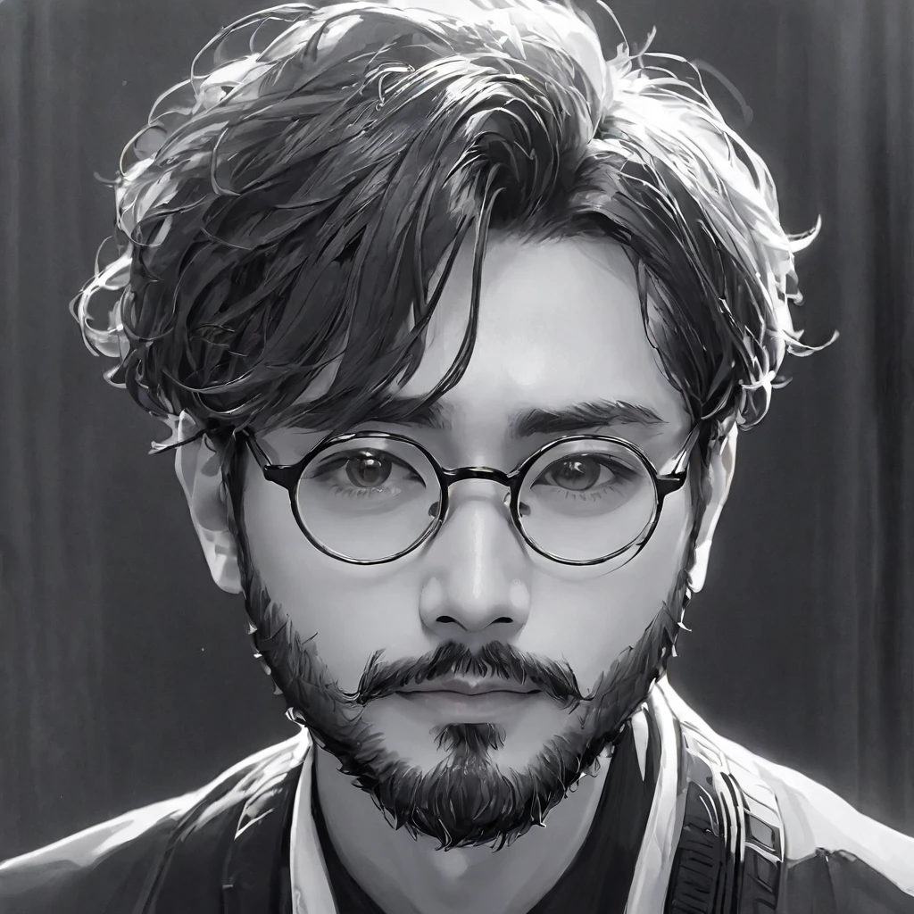 (((Black and white art:1.2、Sepia photo、RAW Photos、Film Grain)))、highest quality、High resolution、High resolution、Cinema Lighting、Black and white photography、Professional Photographer、Attractive hairstyle、man, with stubble, short beard, short mustache, Beard scum, slightly curly hair, and black square plastic-framed glasses,whole body