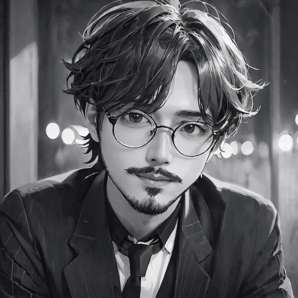 (((Black and white art:1.2、Sepia photo、RAW Photos、Film Grain)))、highest quality、High resolution、High resolution、Cinema Lighting、Black and white photography、Professional Photographer、Attractive hairstyle、man, with stubble, short beard, short mustache, Beard scum, slightly curly hair, and black square plastic-framed glasses，whole body