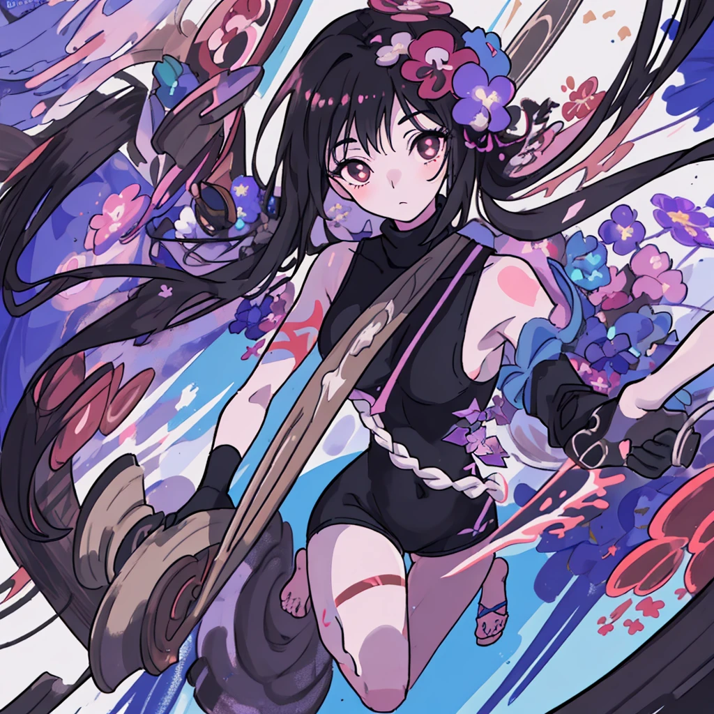 a woman with long black hair, brown eyes, wearing a sock adorned with painted flowers covering her entire leg, wooden slippers, gloves with painted flowers extending to her forearms, a pompom on her shoulder, a low-cut sweater shaped like a flower, and a swimsuit, highly detailed, 8K, photorealistic, masterpiece, hyper-realistic portrait, chiaroscuro lighting, vibrant colors, fantasy, surreal, whimsical, dreamlike