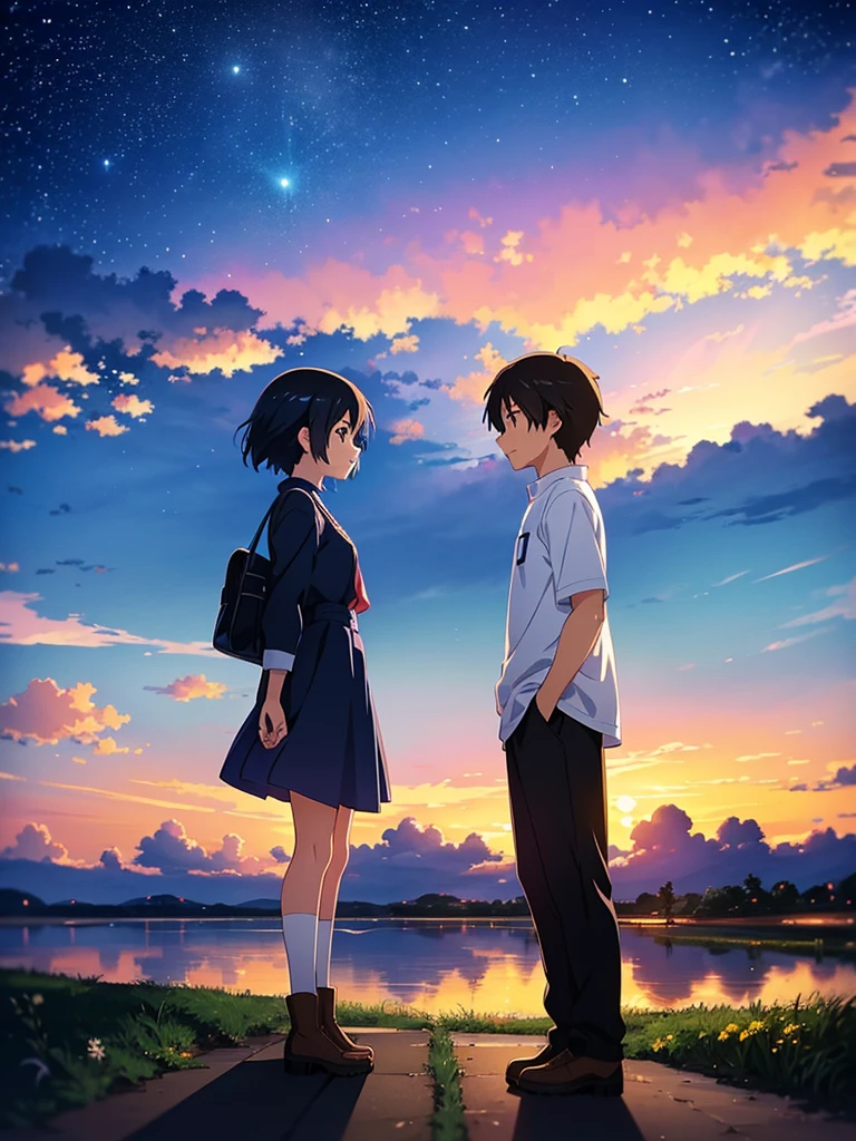 Two teenagers standing apart under a vibrant twilight sky, with a comet streaking across the background. The boy is in a Tokyo  and the girl in a rural Japanese . The scene is filled with detailed and colorful clouds, capturing a sense of magic and connection. Cosmic Skies, by makoto shinkai, makoto shinkai cyril rolando, beautiful anime scene, anime sky, anime art wallpaper 4 k, anime art wallpaper 4k, anime art wallpaper 8 k, anime beautiful peace scene, in style of makoto shinkai, 4k anime wallpaper.
