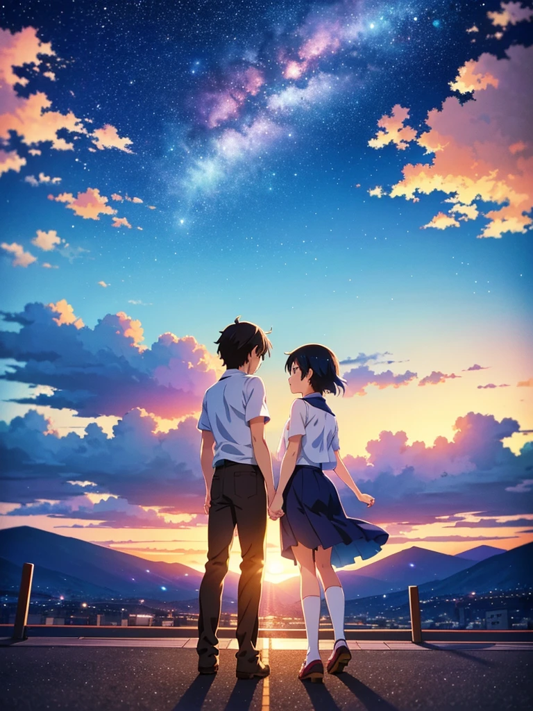 Two agers standing apart under a vibrant twilight sky, with a comet streaking across the background. The boy is in a Tokyo and the girl in a rural Japanese . The scene is filled with detailed and colorful clouds, capturing a sense of magic and connection. Cosmic Skies, by makoto shinkai, makoto shinkai cyril rolando, beautiful anime scene, anime sky, anime art wallpaper 4 k, anime art wallpaper 4k, anime art wallpaper 8 k, anime beautiful peace scene, in style of makoto shinkai, 4k anime wallpaper.